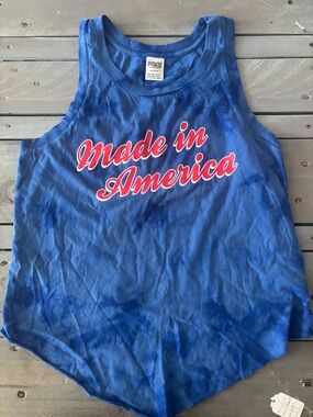 PINK Victoria's Secret Blue Tie-Dye Graphic Tee with Red Script
